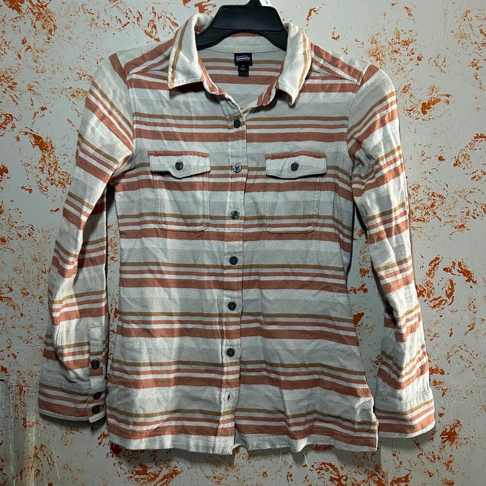 Patagonia Fjord Flannel Shirt Women’s 2 XS Drifter Grey Stripe Organic Cotton LS